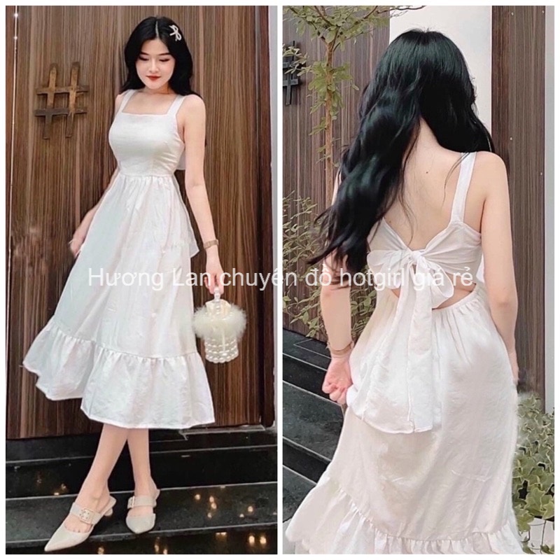 0070 Đầm trắng hai dây nơ sau (kèm hình thật) - Hương Lan store