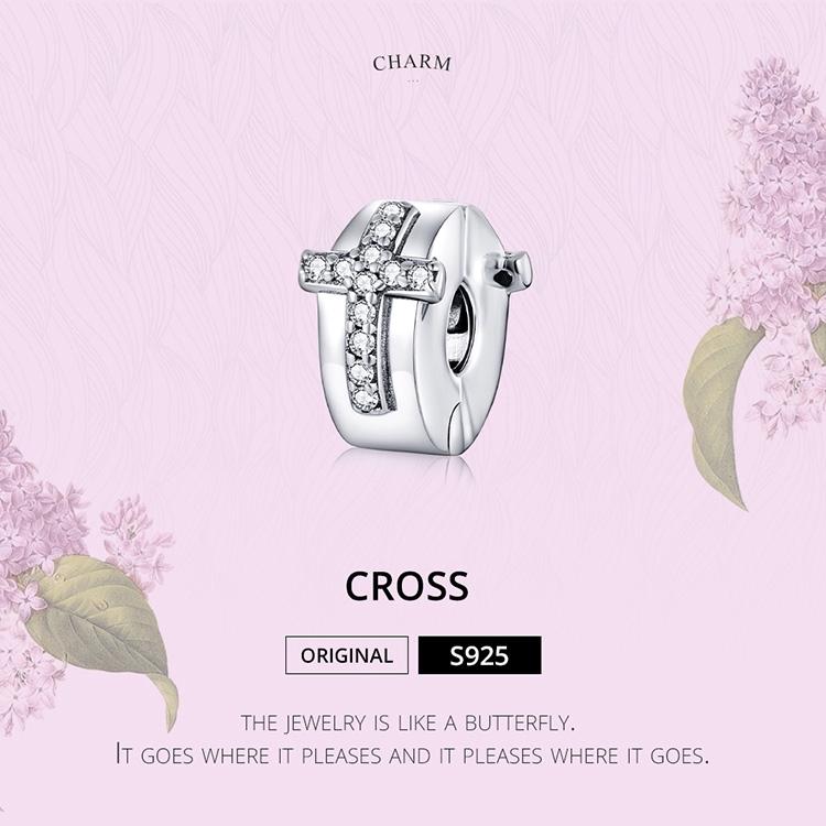 bamoer 925 Real Silver Bible Cross Clip Charm for Original Women Jewelry Making SCC1497