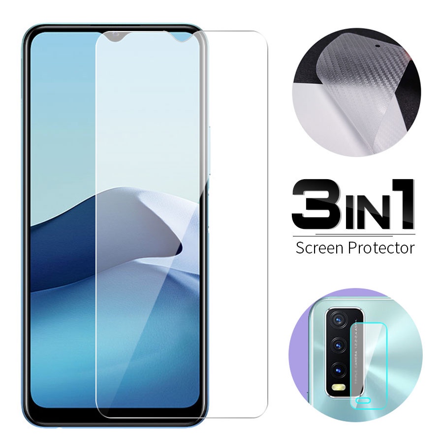 3 trong 1 Bảo Vệ Camera và Màng sau Cacbon và Kính Cường lực Bảo Vệ Màn Hình Cho Vivo V21 V20 SE V19 Neo V17 V15 V11 V9 S1 Pro Y12A Y33 Y51 Y72 Y52 Y51A Y53S Y21 Y31 Y12S Y11 Y15 Y19 Y81 Y81i Y91 Y91i Y95 Y20S Y20 Y20i Y91C Chống Trầy