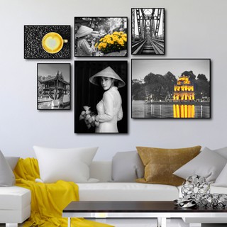HCM Tranh treo tường canvas Hà Nội xưa đen trắng decor trang trí phòng khách và phòng ngủ có khung cao cấp khổ lớn 5 bức