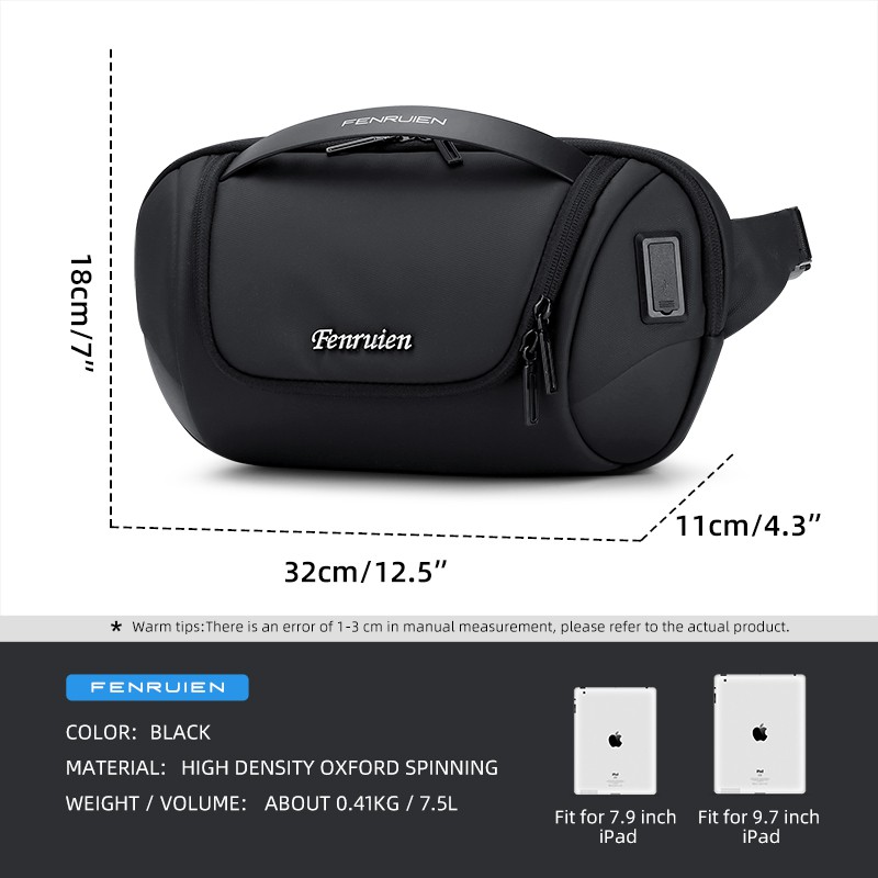Fenruien 2021 waterproof crossbody bag with USB charging port suitable for 9.7-inch Ipad men's handbag