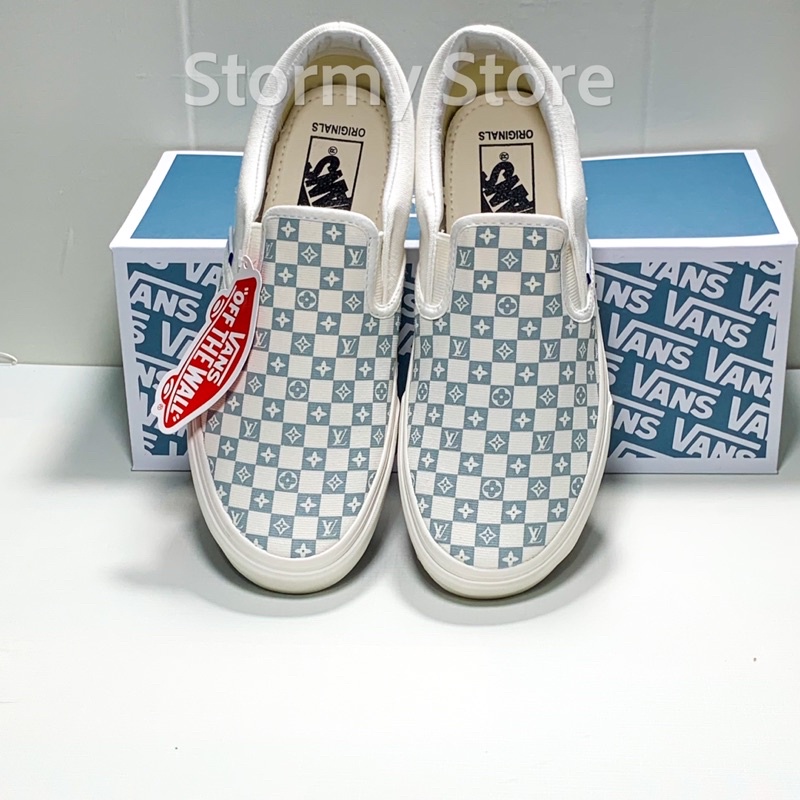 Giày Vans Lười LV Xám caro Chuẩn 1:1 Box Xanh