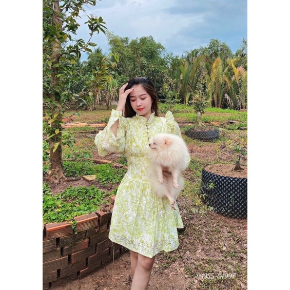 Đầm xoè dài tay cổ tàu hoa xanh hình sàn thật