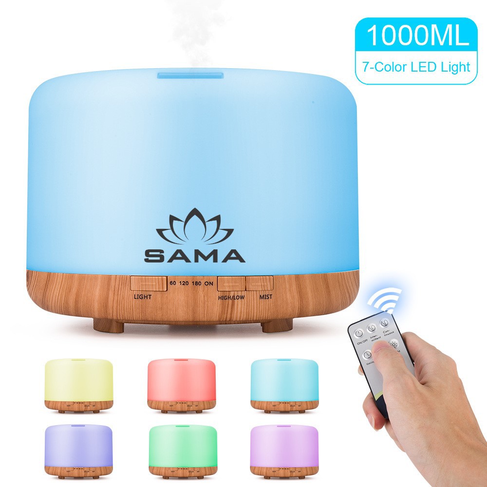 (Tặng Điều Khiển) Máy Khuếch Tán Tinh Dầu Siêu Âm CHÍNH HÃNG SAMA Máy Phun Sương Trụ Tròn Đổi Màu Vân Gỗ 500ml