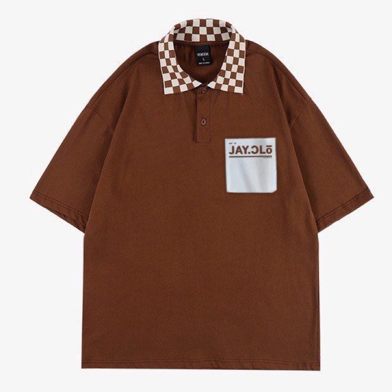 Áo Polo Unisex phối cổ caro JAY SEASON màu NÂU form rộng /Chất thun da cá/ Nam nữ unisex