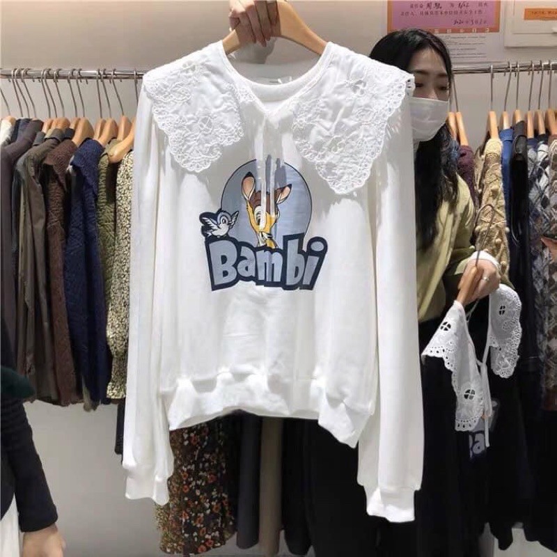 Áo Nỉ Bông Nữ Cổ Ren - Áo Nỉ Bông Bambi- Áo nữ hoạt hình | BigBuy360 - bigbuy360.vn