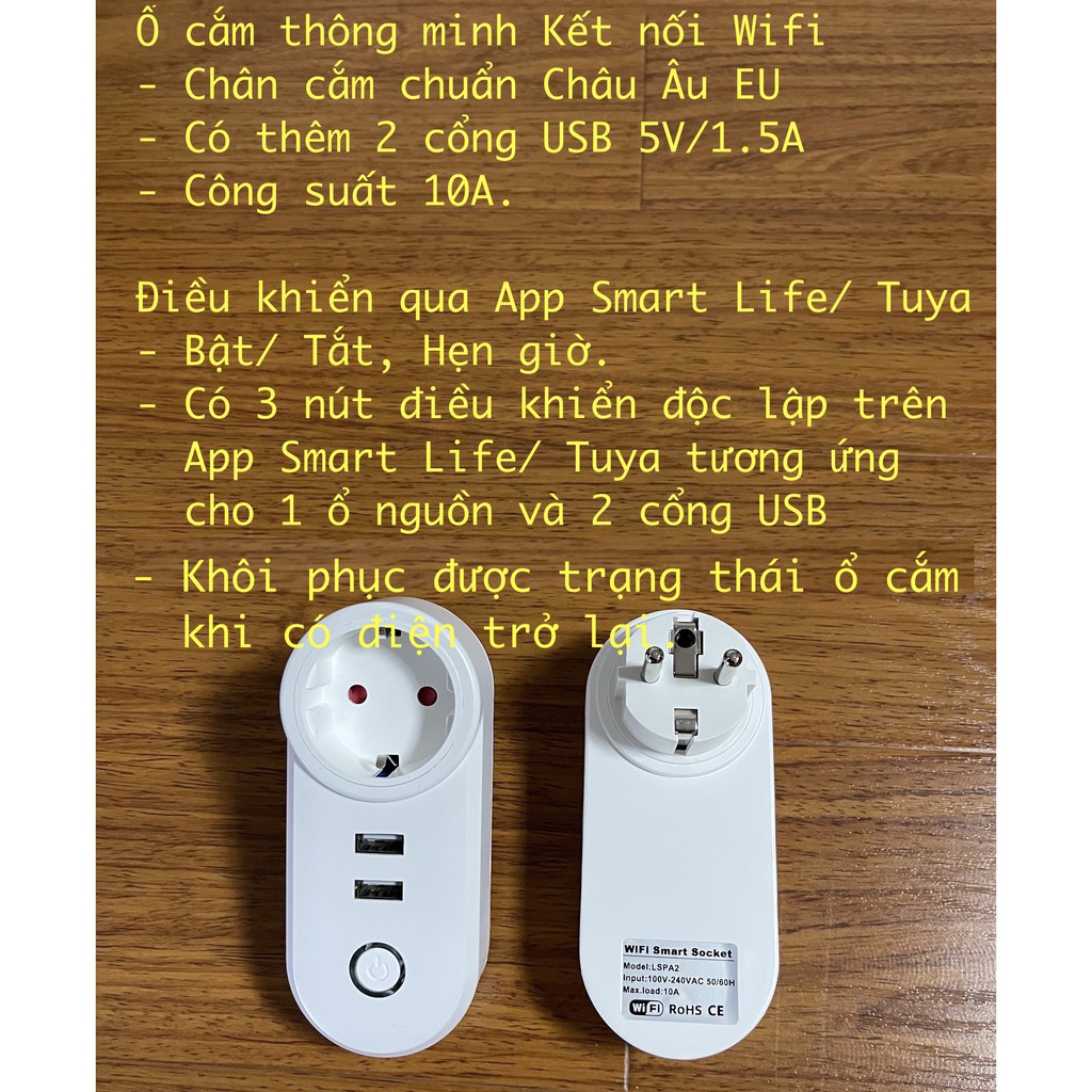 Ổ cắm Thông minh, Kết nối Wifi, Hẹn giờ Bật Tắt, Đo Công suất tiêu thụ 10A/16A, Hệ Tuya/Smart Life