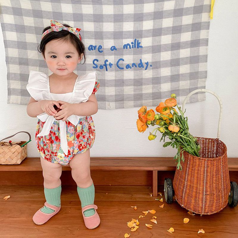 Bộ Áo Liền Quần Cổ Vuông Tay Lỡ In Hoa Xinh Xắn Cho Bé Gái