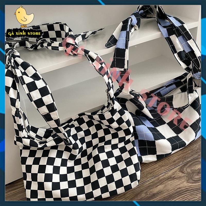 Túi tote đeo chéo nam nữ caro vải canvas phong cách ulzzang unisex đi học đi chơi
