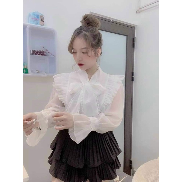 ÁO SƠMI TƠ BÈO NƠ BUỘC CỔ 2 LỚP XỊN XÒ