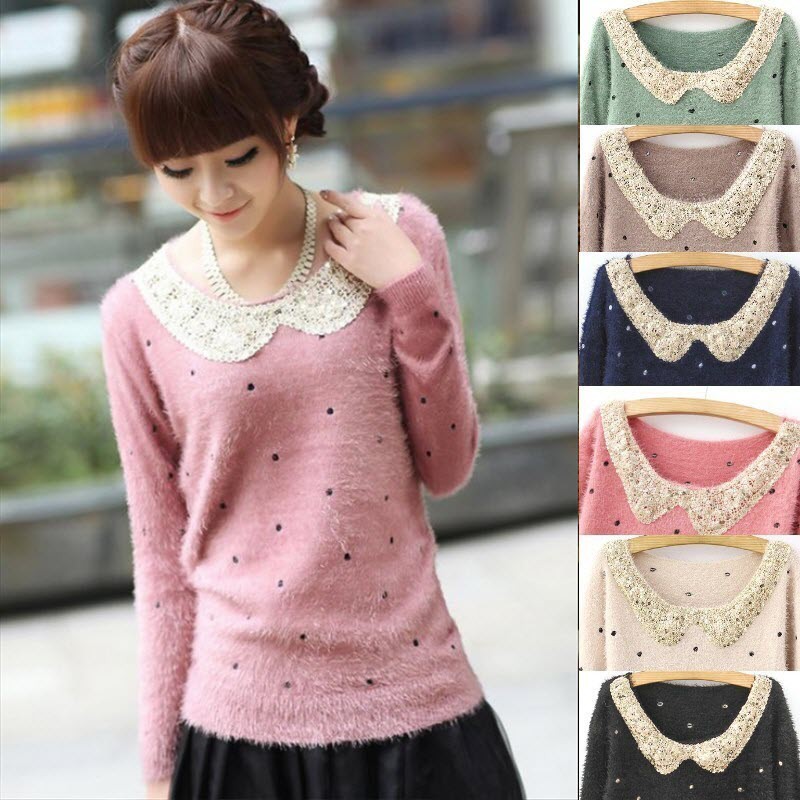 Áo Len Sợi Mohair Có Lông Mịn Chấm Bi Cổ Lá Sen Đính Hạt Kim Sa Xinh Dịu Dàng