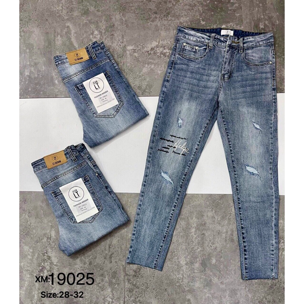 Quần jean nam xanh in chữ xướt nhẹ chất bò dày dặn co dãn 4 chiều