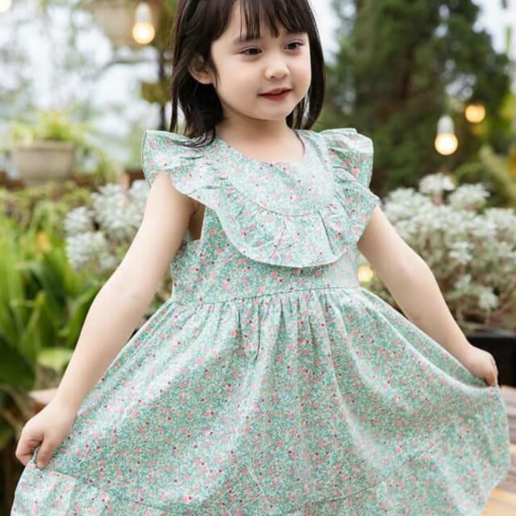 Váy Đầm Hoa Nhí 2 Màu Cho Bé Gái Cổ Phối Bèo Điệu Đà Size 8-20Kg Unchi Store (V367)