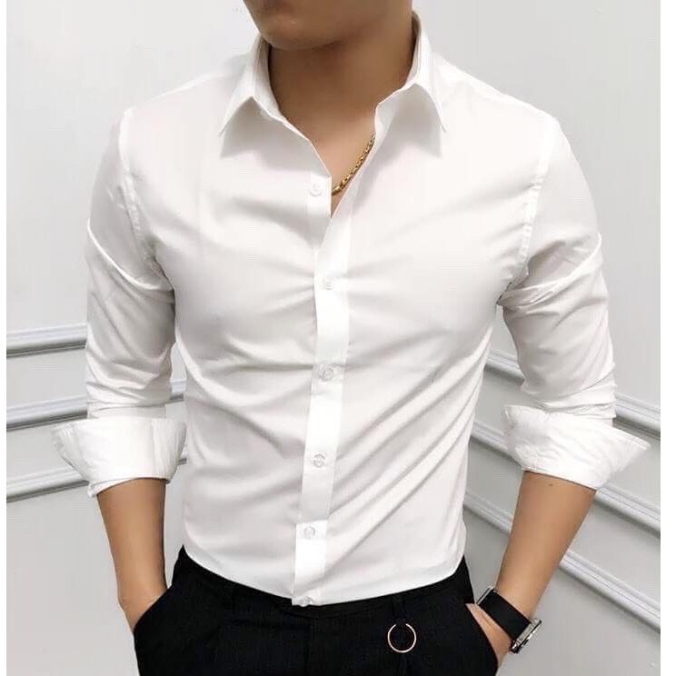 ⚡ 𝐀́𝐨 𝐒𝐨̛ 𝐌𝐢 𝐍𝐚𝐦 𝐓𝐚𝐲 𝐃𝐚̀𝐢 💖 FREESHIP 💖 Áo Sơ Mi Nam Trắng Đen Cổ Bẻ Cotton Lụa Không Nhăn Dáng Ôm Body