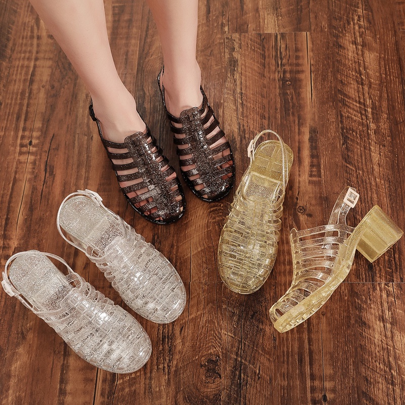Giày Sandal Cao Gót Bằng Nhựa Trong Suốt Chống Trượt Chống Nước Cho Nữ