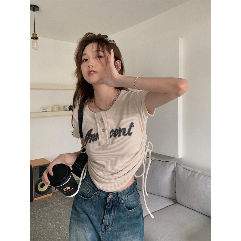 NUZIRO  Áo Thun Croptop Ngắn Tay Cổ Tròn Thời Trang Hàn Quốc Cho Nữ