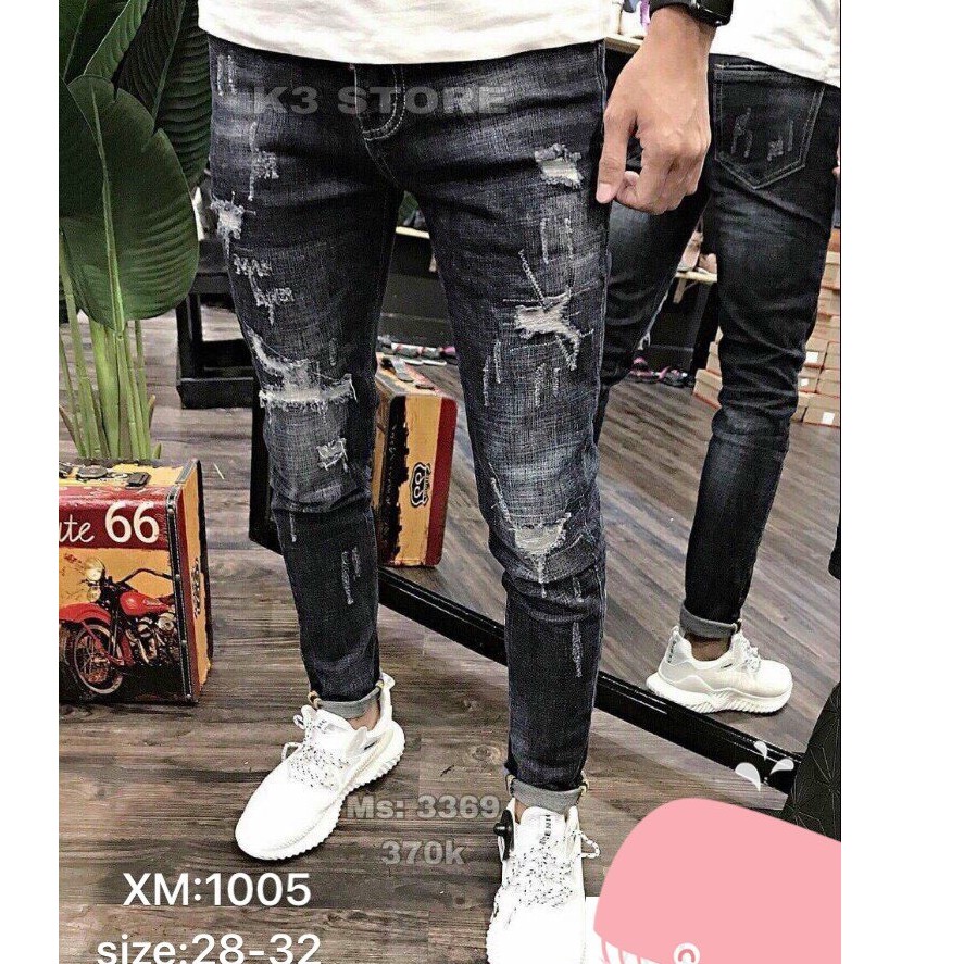 Quần Jean Nam  𝐅𝐑𝐄𝐄 𝐒𝐇𝐈𝐏  Màu Đen Wash Trắng,Rách Nhẹ, Chât Bò Co Dãn Bốn Chiều 1005
