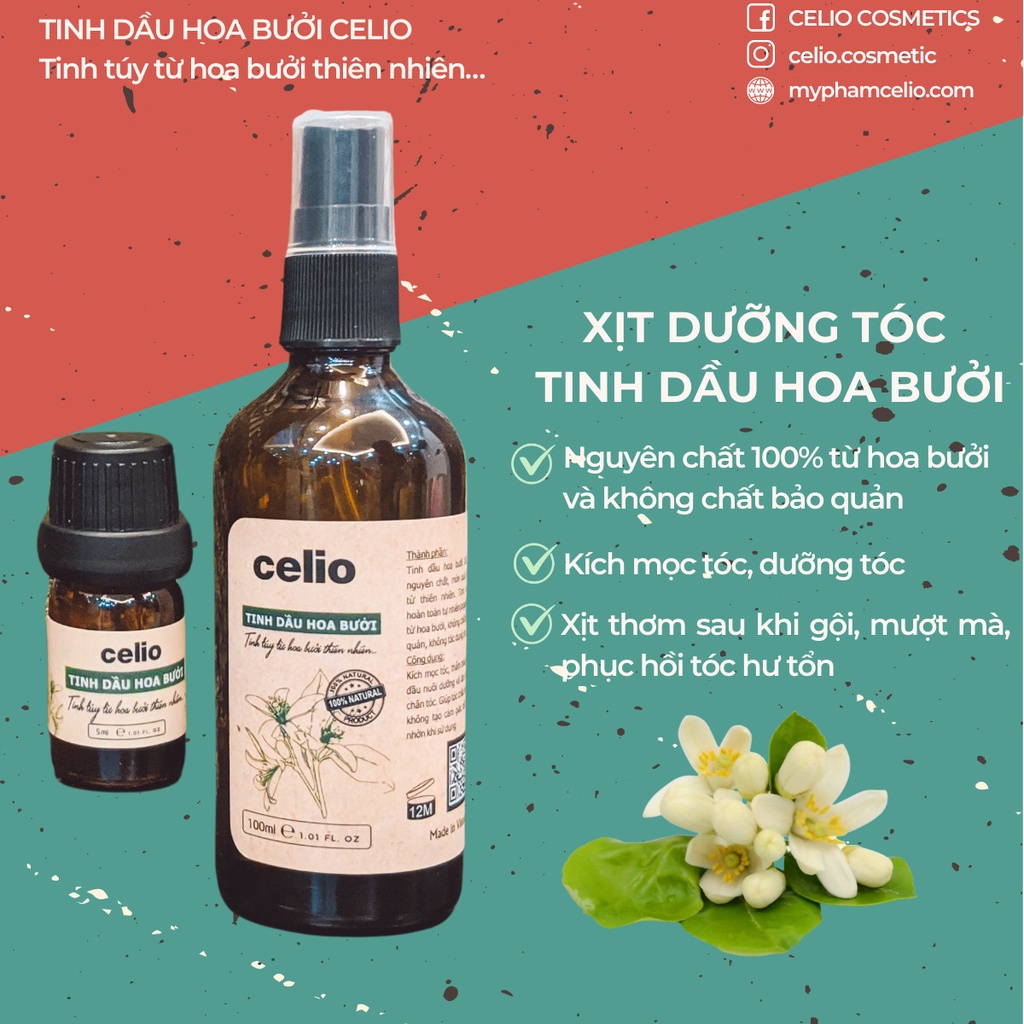 Dầu Dưỡng Tóc CELIO Tinh Dầu Hoa Bưởi Nguyên Chất Ngăn Rụng Tóc Hỗ Trợ Mọc Tóc Làm Sạch Da Đầu Xịt Thơm Tóc An Toàn
