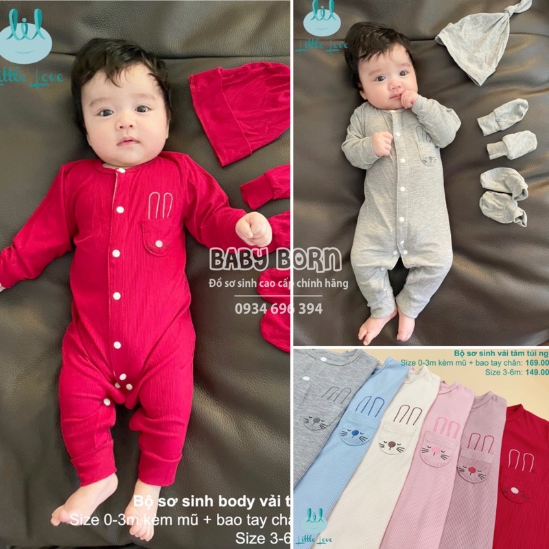 LIL - Body sơ sinh túi thỏ thun tăm mềm mại (tặng phụ kiện mũ, bao tay chân cho size 0-3)