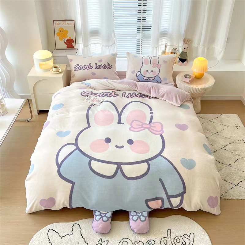 Bộ Chăn Ga Gối Tuyết Nỉ Nhung Sữa 5D Nhập khẩu Cao Cấp drap chăn ga gối nỉ nhung siêu mềm mịn hoa văn ngộ ngĩnh đáng yêu