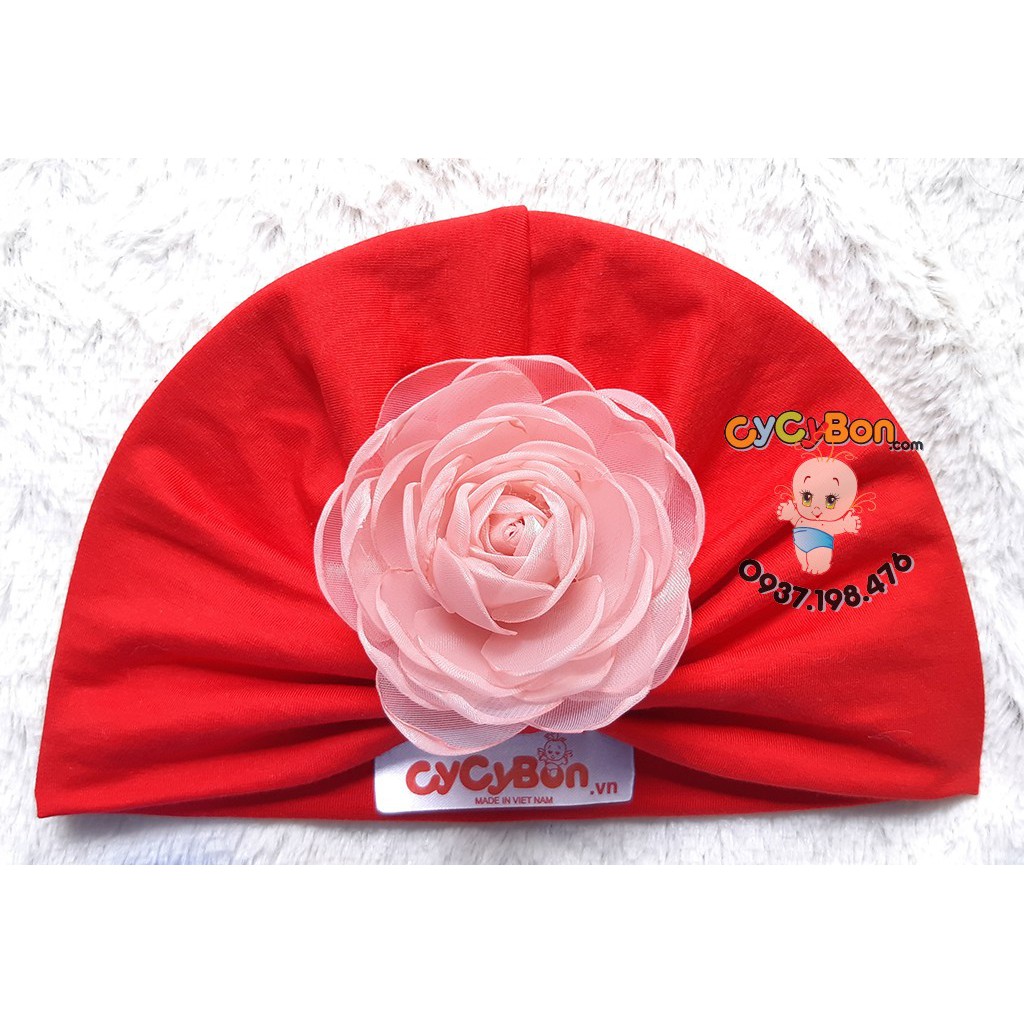 Mũ Nón Turban Tóc Giả Cho Bé Gái Màu Đỏ Đính Bông Hồng - Chất Vải Cotton Bao Co Giãn Thấm Hút- có size bé sơ sinh 1 th