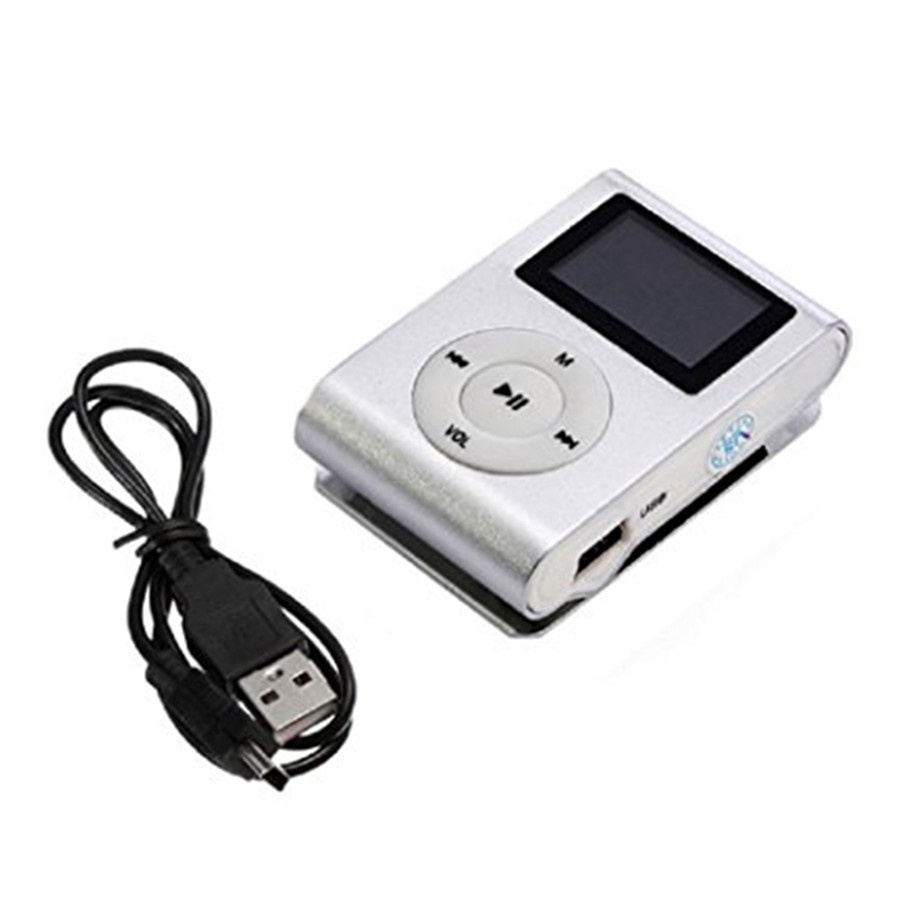 Máy nghe nhạc mini MP3 có màn hình LCD và kẹp kim loại hỗ trợ thẻ nhớ TF SD