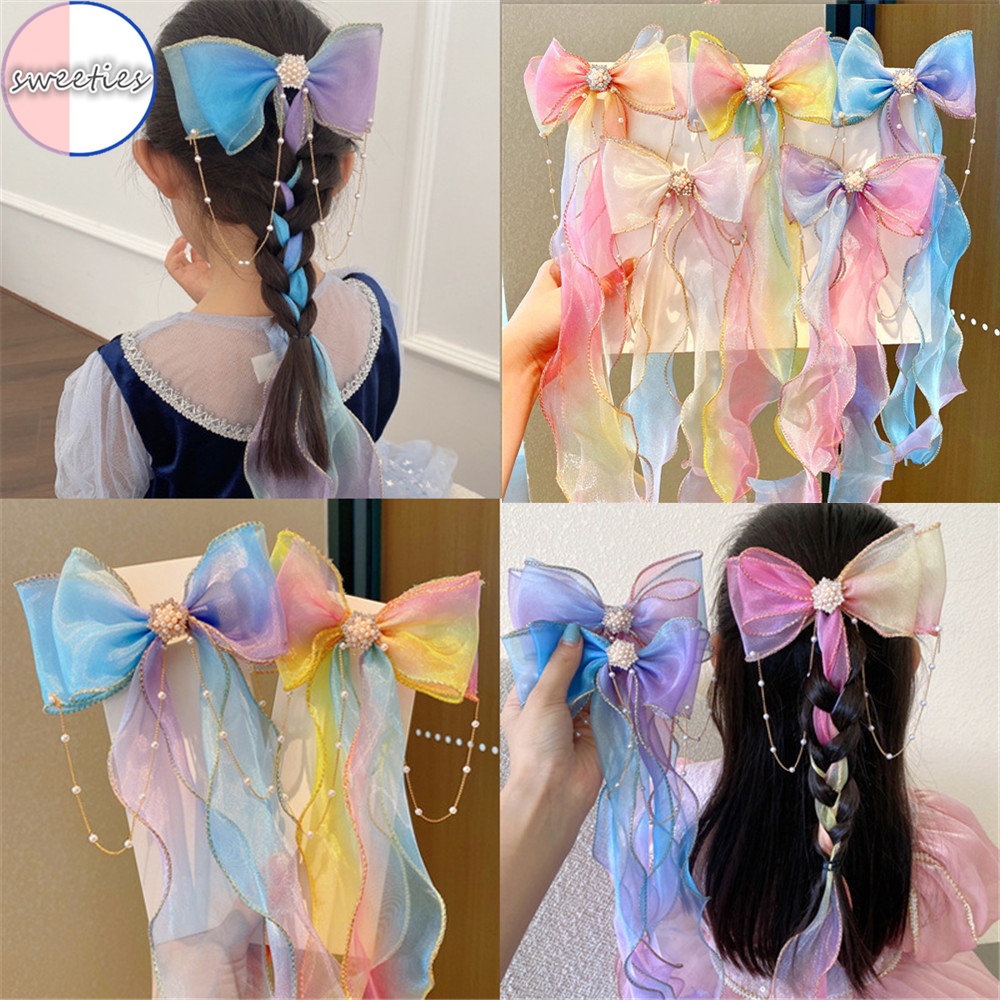 Kẹp Tóc Nơ Ren Đính Ngọc Trai Xinh Xắn Cho Bé Gái