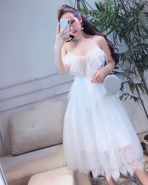 Đầm dự tiệc ren mi 2 dây kết cườm kim sa tròn sang trọng TRIPBLE T DRESS - Size M/L - MS130V