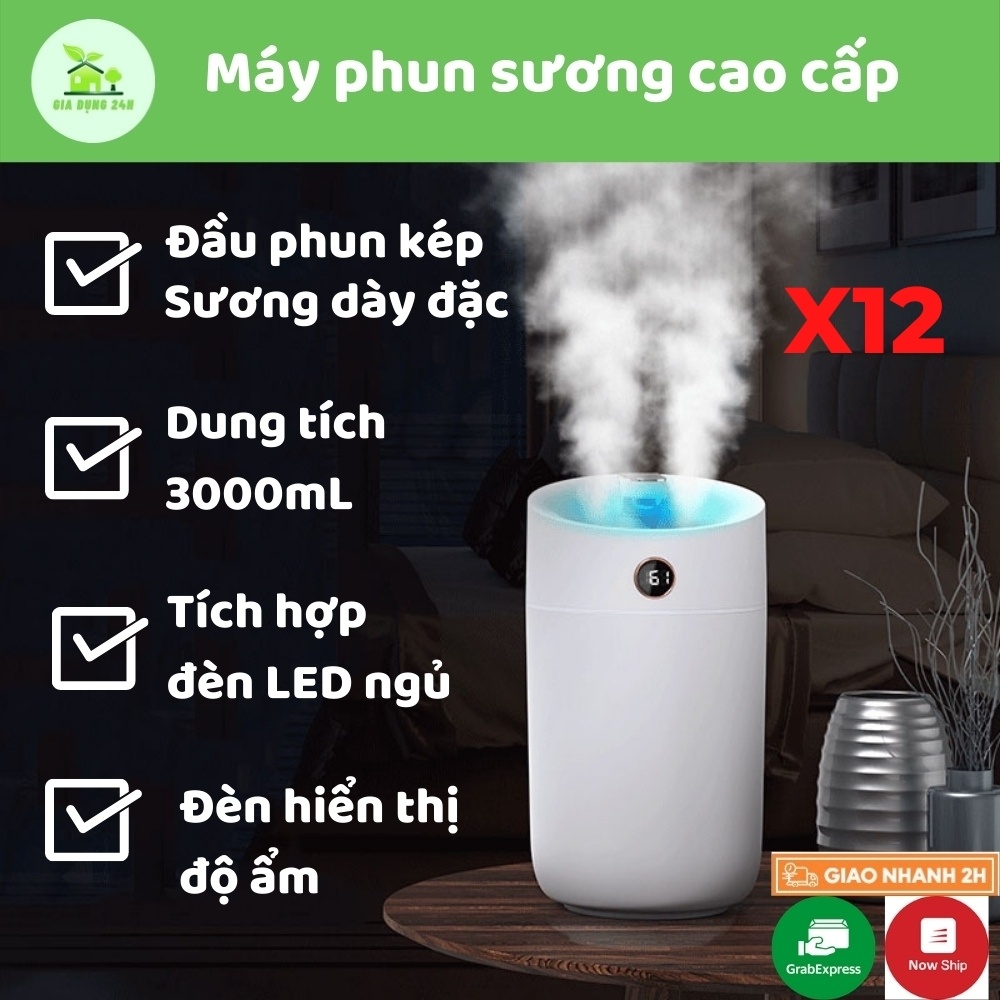 Máy Xông Tinh Dầu Phun Sương Tạo Độ Ẩm X12 [ LOẠI CAO CẤP] Đầu Phun Kép, Dung Tích 3000ml