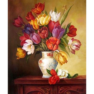 Tranh thêu chữ thập đính đá hình lọ hoa tulip không có khung