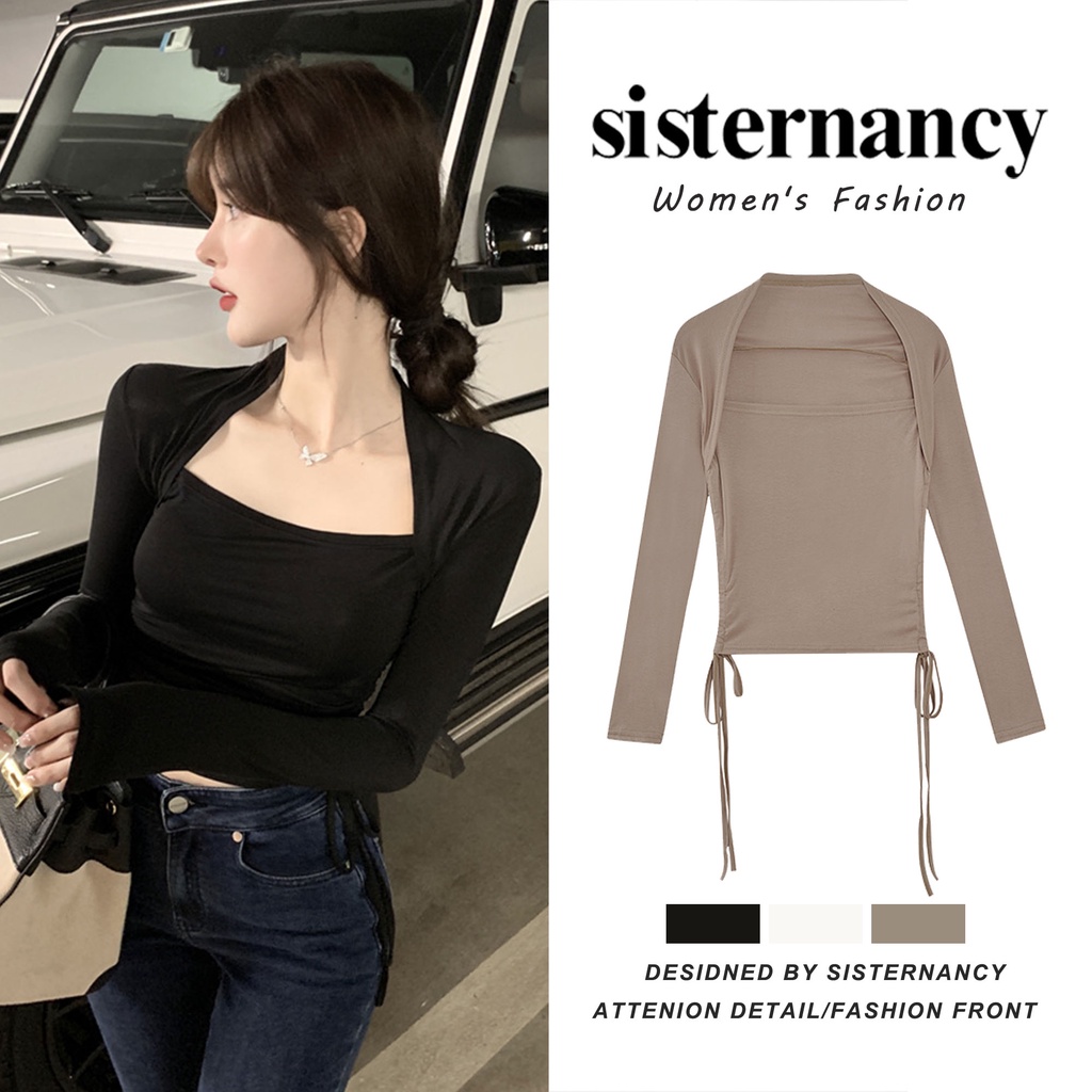 Áo COZOKC tay dài cổ vuông dáng ôm thời trang quyến rũ cho nữ