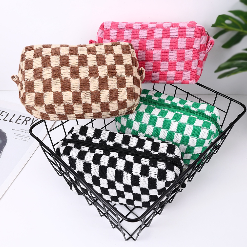 Túi Đựng Mỹ Phẩm Sức Chứa Lớn Có Khóa Kéo Họa Tiết Sọc Caro Phong Cách Hàn Quốc Thời Trang Chất Lượng Cao Cho Nữ