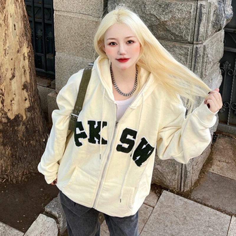 Áo khoác hoodie dáng rộng phối khóa kéo thiết kế mới thời trang mùa thu đông theo phong cách hàn quốc cho nữ