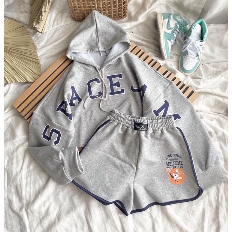 Set áo hoodie dáng ngắn chữ + quần short tt viền kèm ảnh thật
