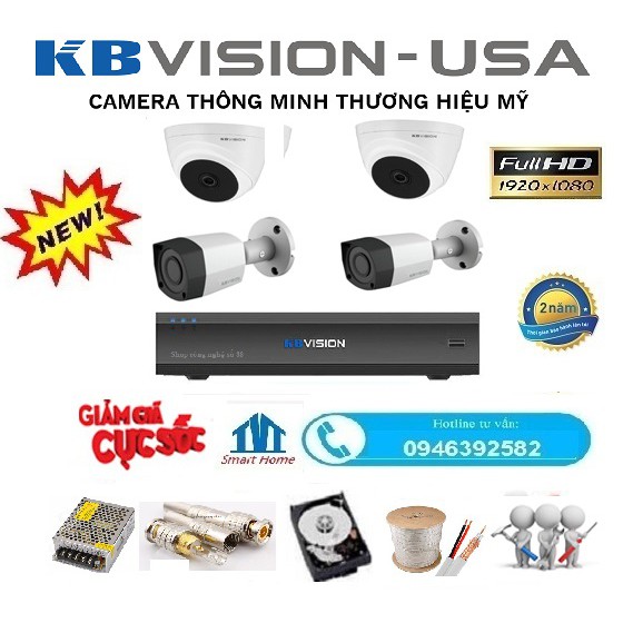 Trọn bộ 4 Camera Full HD 2mp KBvision +Đủ phụ kiện tự lắp đặt tại nhà