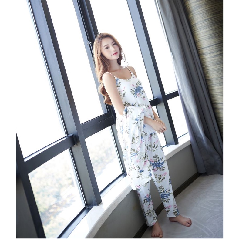 Bộ đồ ngủ Cotton Có đệm ngực * Set Bộ áo hai dây kèm Choàng *IVY046