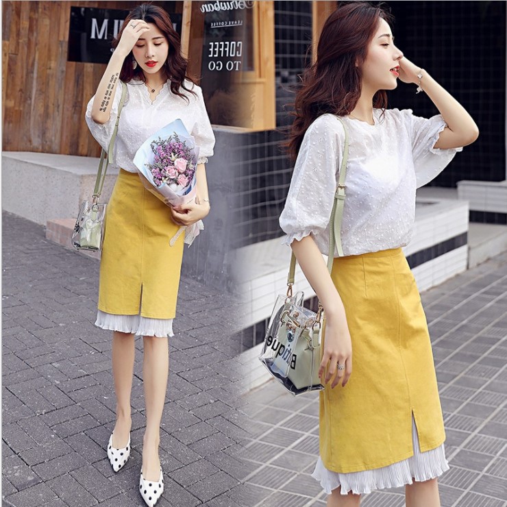 ( Hàng sẵn) Đầm nữ, ÁO REN hoa lưới bi trắng kết hợp chân váy bò phong cách Pháp | BigBuy360 - bigbuy360.vn