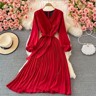 #1026 Đầm cổ V có lớp lót trong 10 màu xếp ly freesize