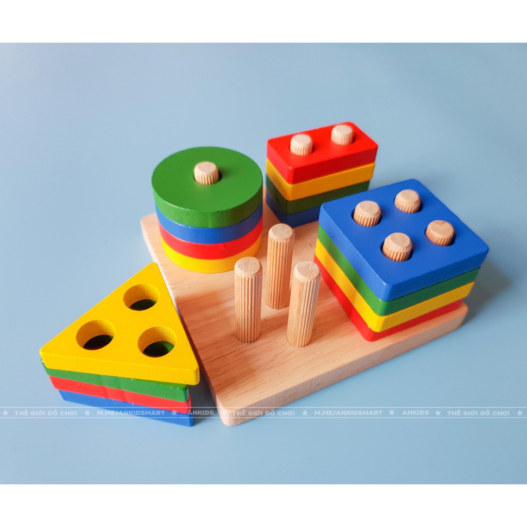 bộ xếp hình montessori thả khối 4 cọc trụ bằng gỗ - đồ chơi gỗ