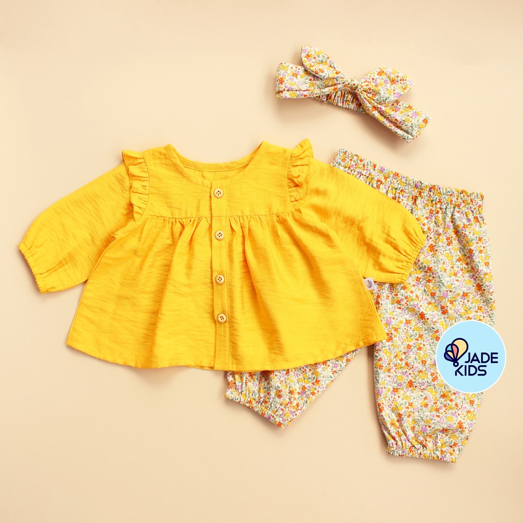 [MẪU MỚI 2020] Đồ bộ bé gái, Bộ dài tay TẶNG kèm mũ, màu xanh quần hoa vintage đũi tằm cho bé