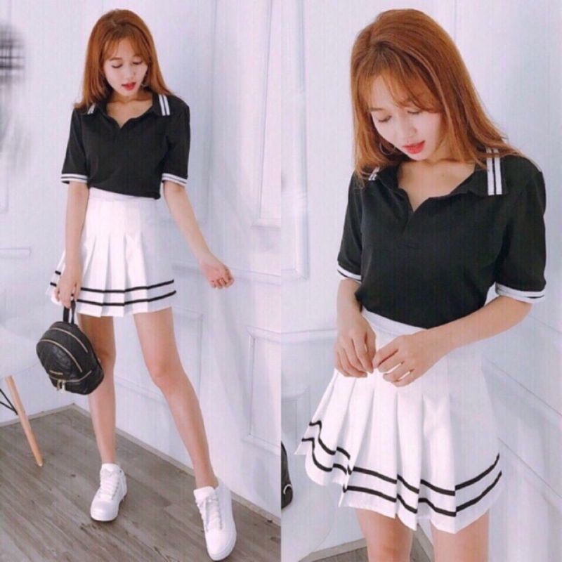 Chân váy xếp ly kẻ viền có quần