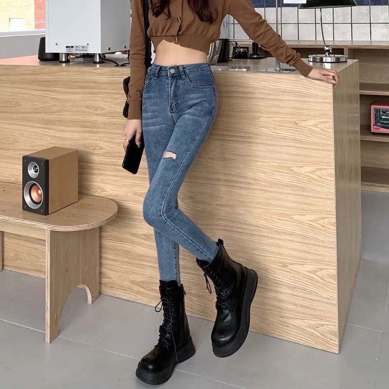 Quần TOPSHOP Jean Ôm Slimfit Nữ Màu Xanh Rách Xẻ Đùi Loại 1 Co Dãn
