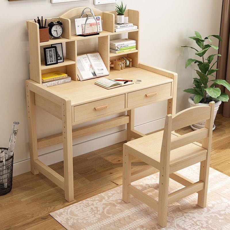 Bàn học trẻ em bằng gỗ nguyên khối cho sinh tiểu ghế tại nhà có thể nâng lên hạ xuống Bộ viết đơn giản Giá sách