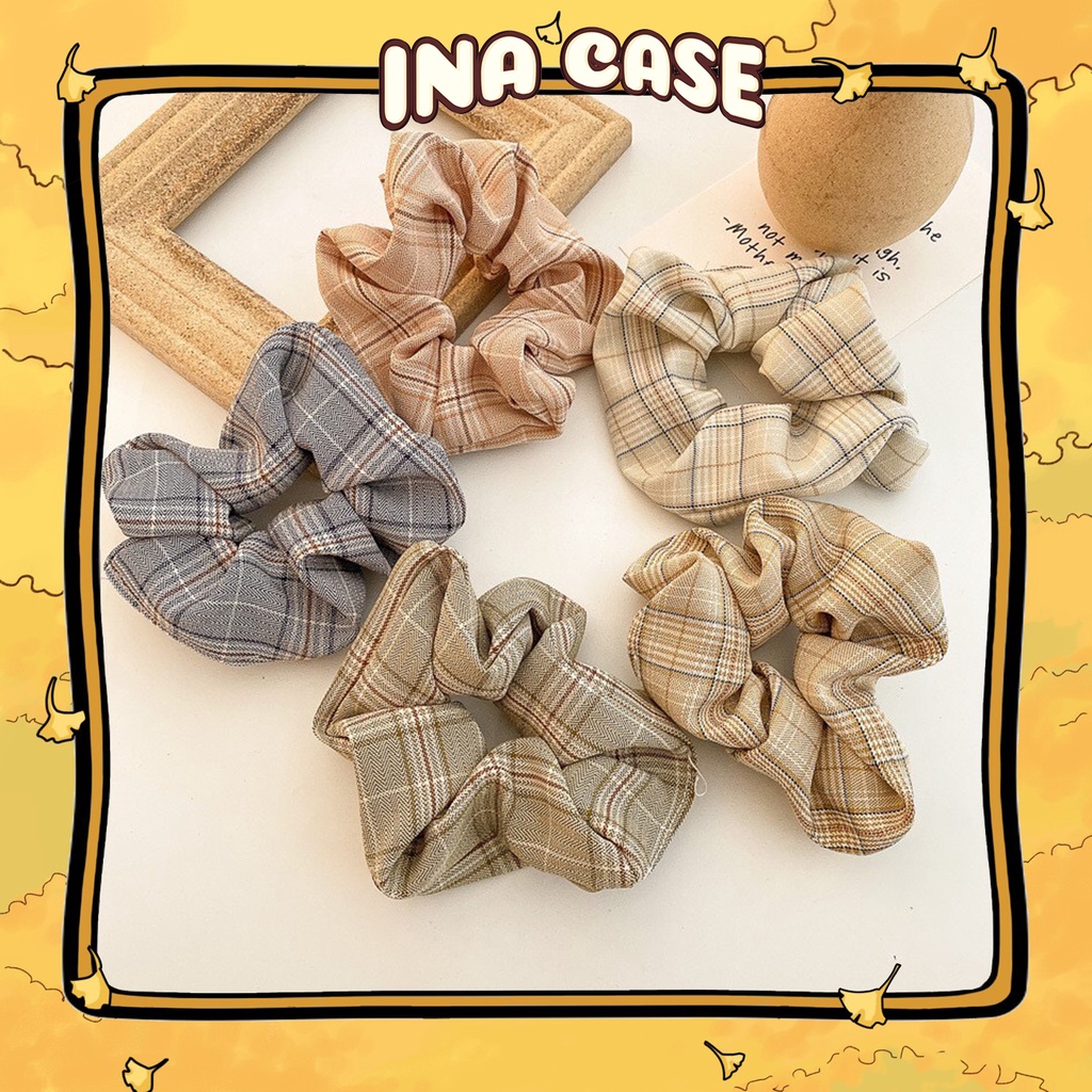Cột Tóc Vải Scrunchies Vintage Hàn Quốc Bản Caro