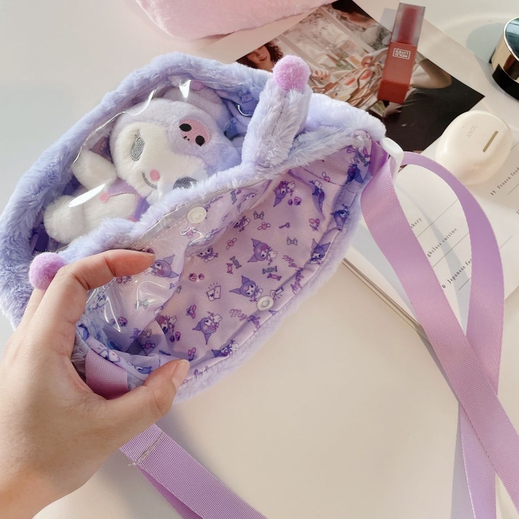 Túi đeo vai vải lông mềm mại thiết kế nhân vật hoạt hình Cinnamoroll Kuromi My Melody đáng yêu làm quà tặng cho bé gái