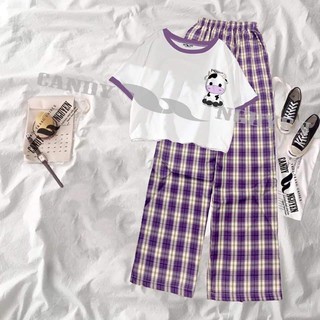 Set áo thun croptop bò sữa + quần kẻ ống suông rộng tím Kt