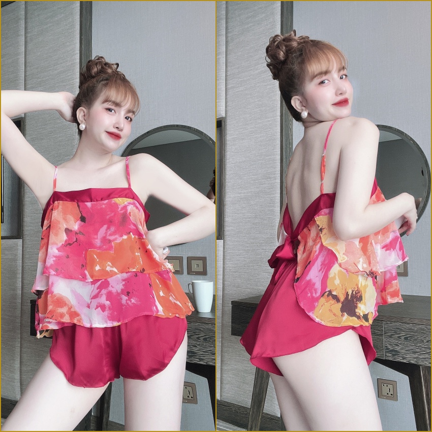 Bộ ngủ lụa 2 dây sexy TUTA ngực phối ren quần đùi lụa satin gợi cảm thoáng mát - dn030