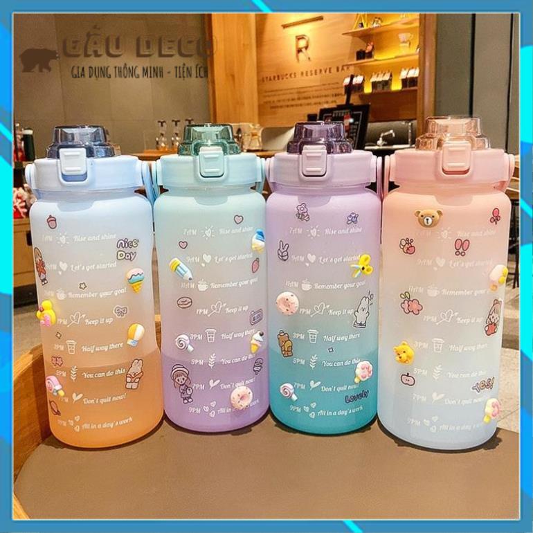 Bình nước 2 lít chia vạch siêu kute [FREESHIP]  Báo giờ uống nước dễ thương cute thể thao có ống hút