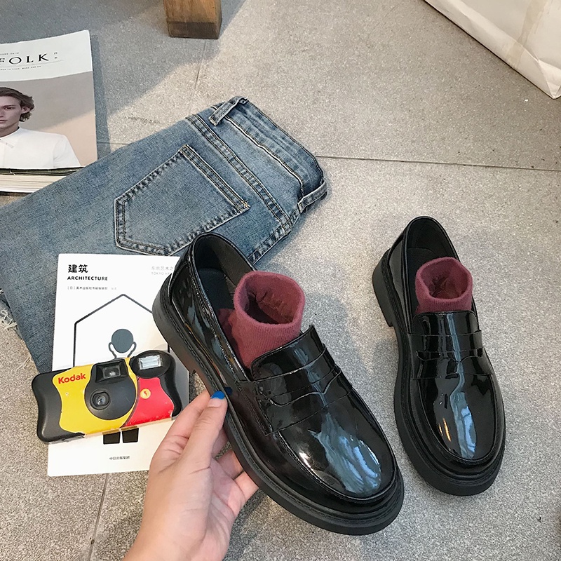 Giày IELGY chất liệu da nhám/ bóng đế bằng phong cách Anh Quốc cho nữ