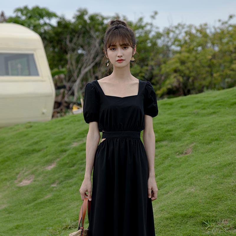 Đầm midi chữ A tay phồng màu đen phong cách Pháp thời trang mùa hè cho nữ